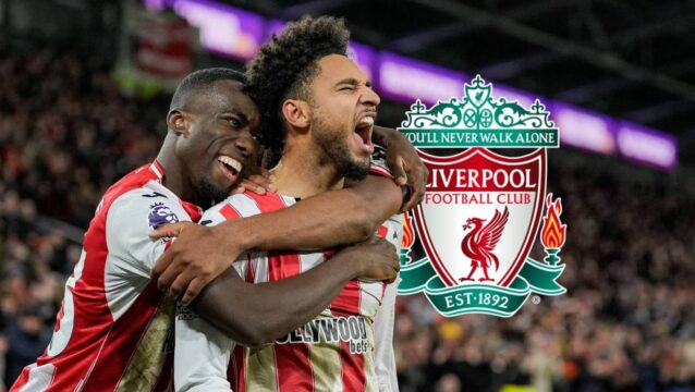 Kevin Schade seen here celebrating with Brentford teammate Michael Kayode next to the Liverpool badge