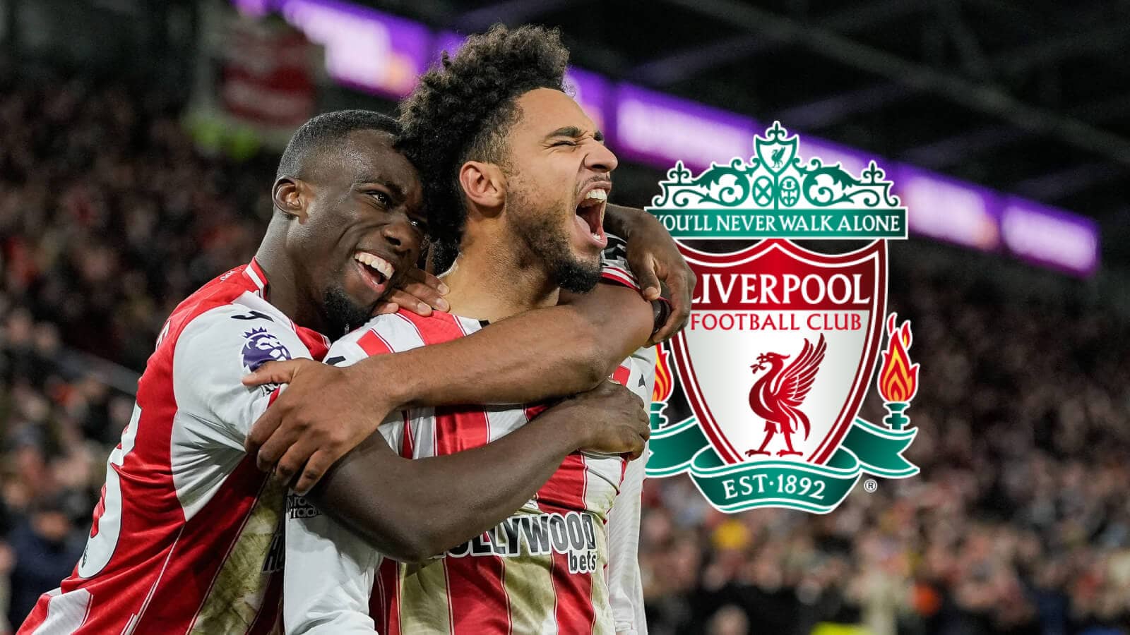 Kevin Schade seen here celebrating with Brentford teammate Michael Kayode next to the Liverpool badge