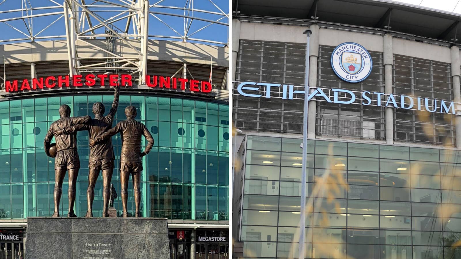 Split image of Manchester United's Old Trafford and Manchester City's Etihad Stadium - copyright TEAMtalk