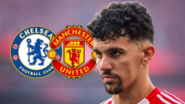 Benfica star Tomas Araujo next to the badges of Manchester United and Chelsea