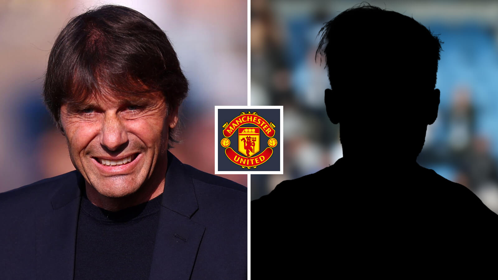 Split image of Former Chelsea manager Antonio Conte and a shadow, with the Manchester United badge in between - copyright TEAMtalk