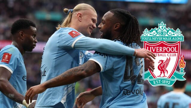 Man City's Marc Guehi (left) and Antoine Semenyo (right) next to the Liverpool badge