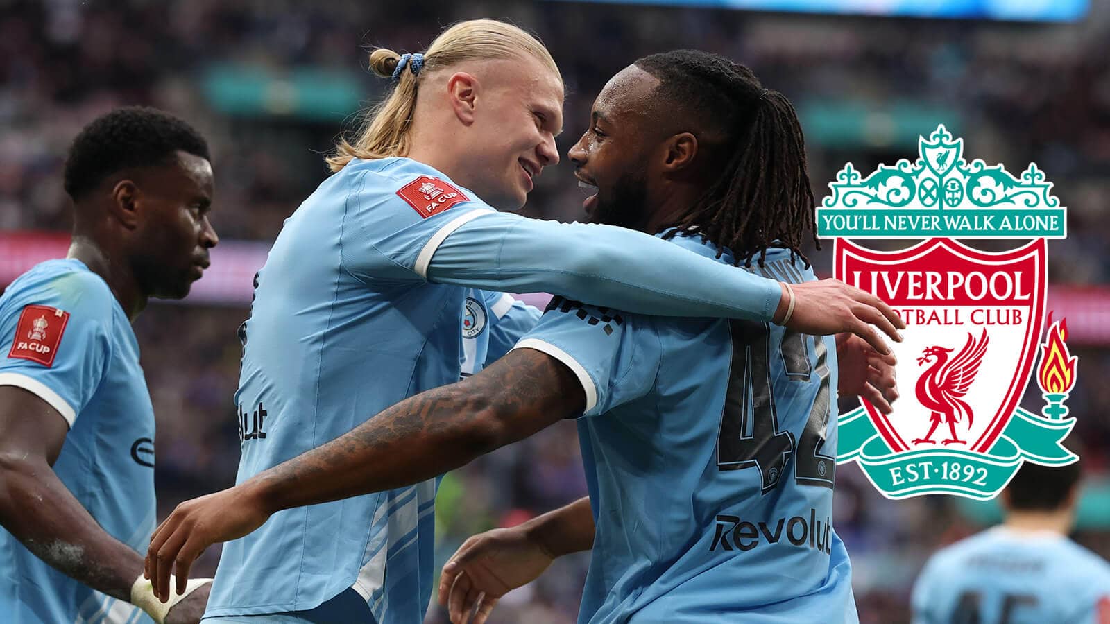 Man City's Marc Guehi (left) and Antoine Semenyo (right) next to the Liverpool badge