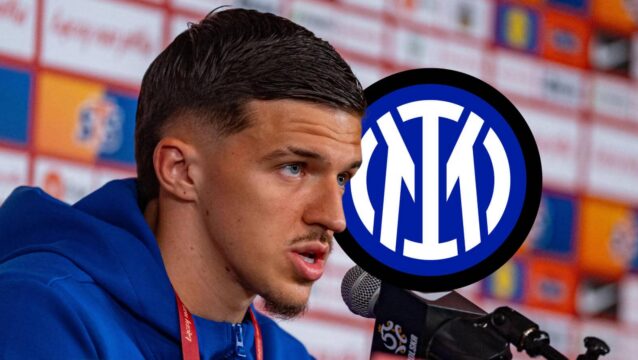 Leeds and Bosnia star Tarik Muharemovic during a press conference and next to the Inter Milan badge