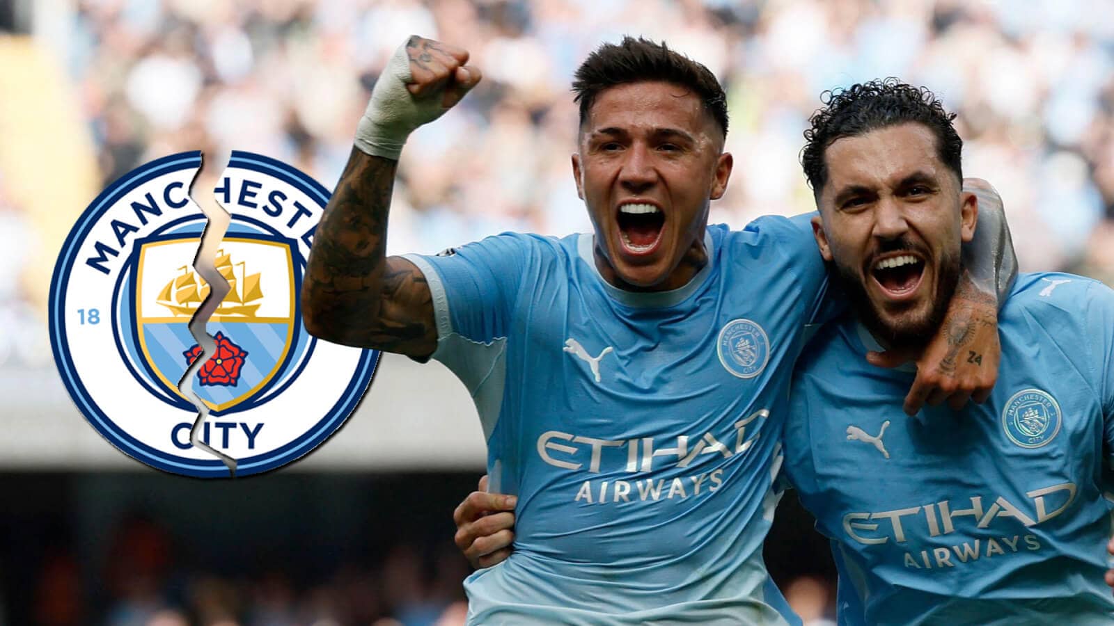 Manchester City stars Enzo Fernandez and Rayan Cherki next to a cracked Manchester City badge