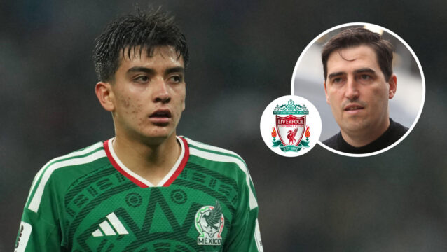 Gilberto Mora, Andoni Iraola with Liverpool badge