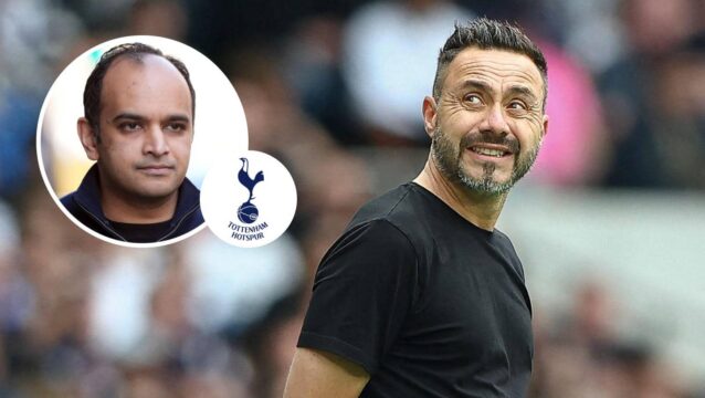 Roberto De Zerbi, Vinai Venkatesham with Tottenham badge