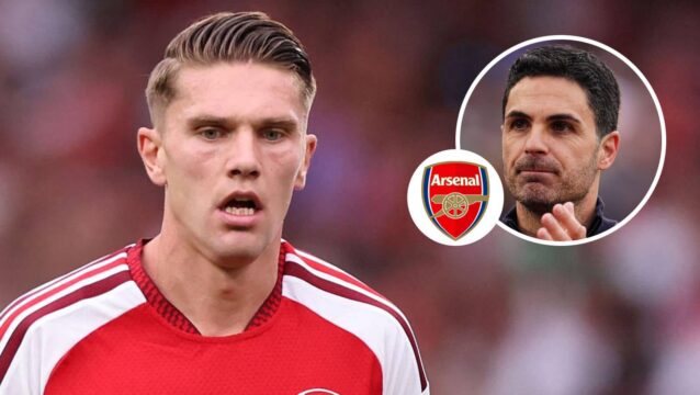 Arsenal striker Viktor Gyokeres, Arsenal badge and manager Mikel Arteta - copyright TEAMtalk