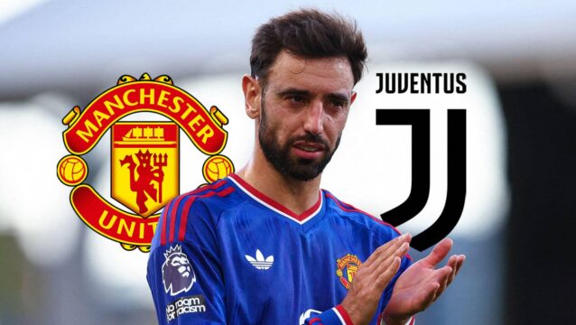 Manchester United badge, Bruno Fernandes and Juventus badge - copyright TEAMtalk