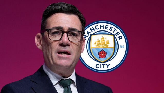 Andy Burnham with a Man City badge