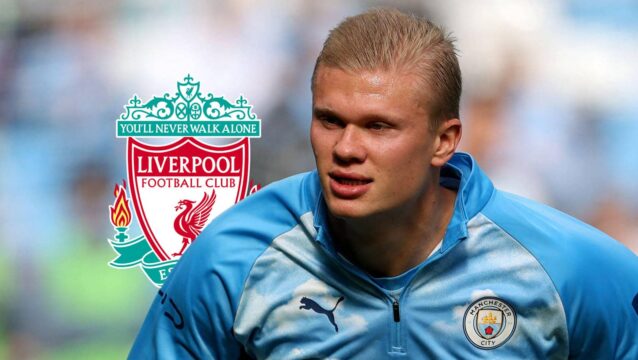 Manchester City striker Erling Haaland next to the Liverpool badge