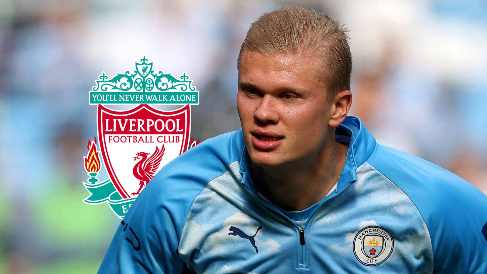 Manchester City striker Erling Haaland next to the Liverpool badge