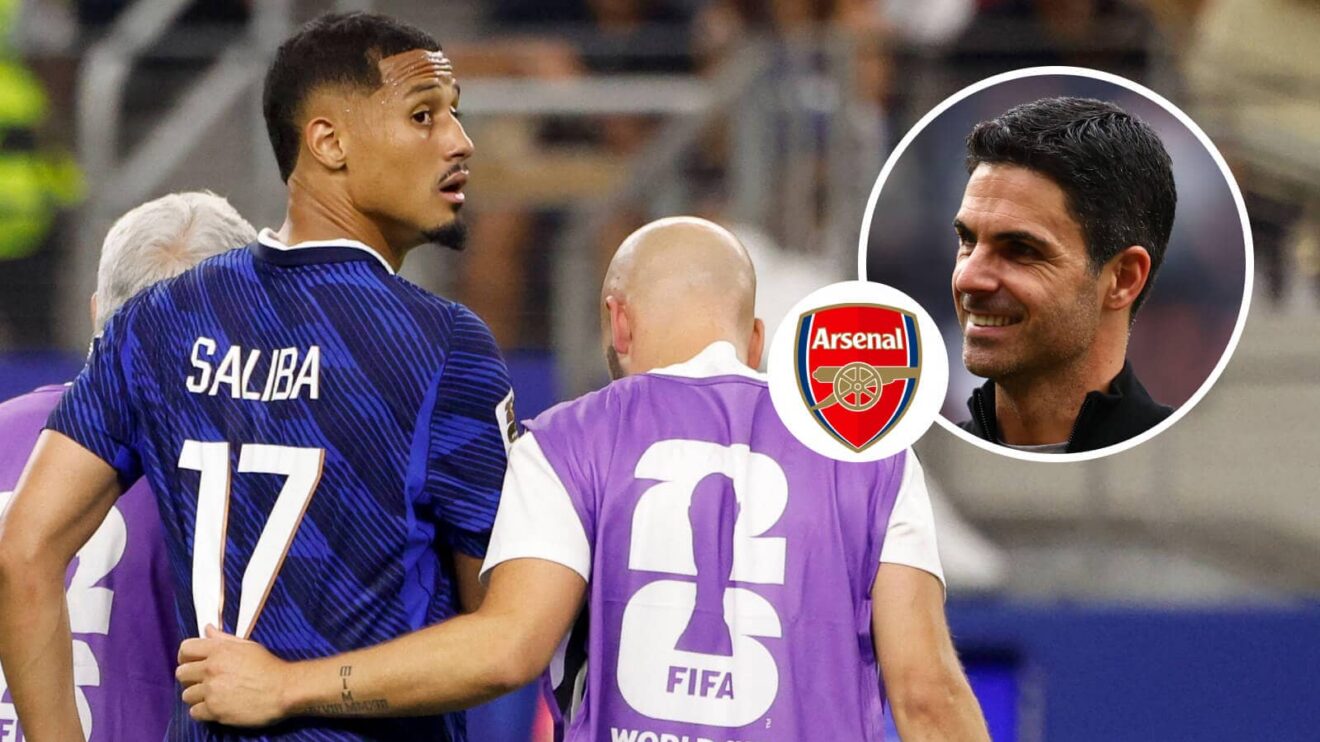 William Saliba limps off with a back injury for France at the World Cup and, inset, Mikel Arteta next to the Arsenal badge