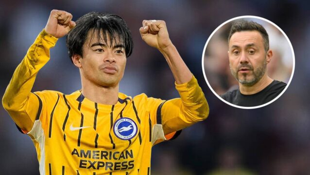 Brighton star Kaoru Mitoma and, inset, Tottenham Hotspur manager Roberto De Zerbi