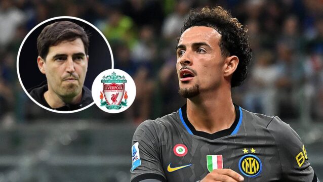 Inter Milan midfielder Curtis Jones and, inset, Liverpool manager Andoni Iraola