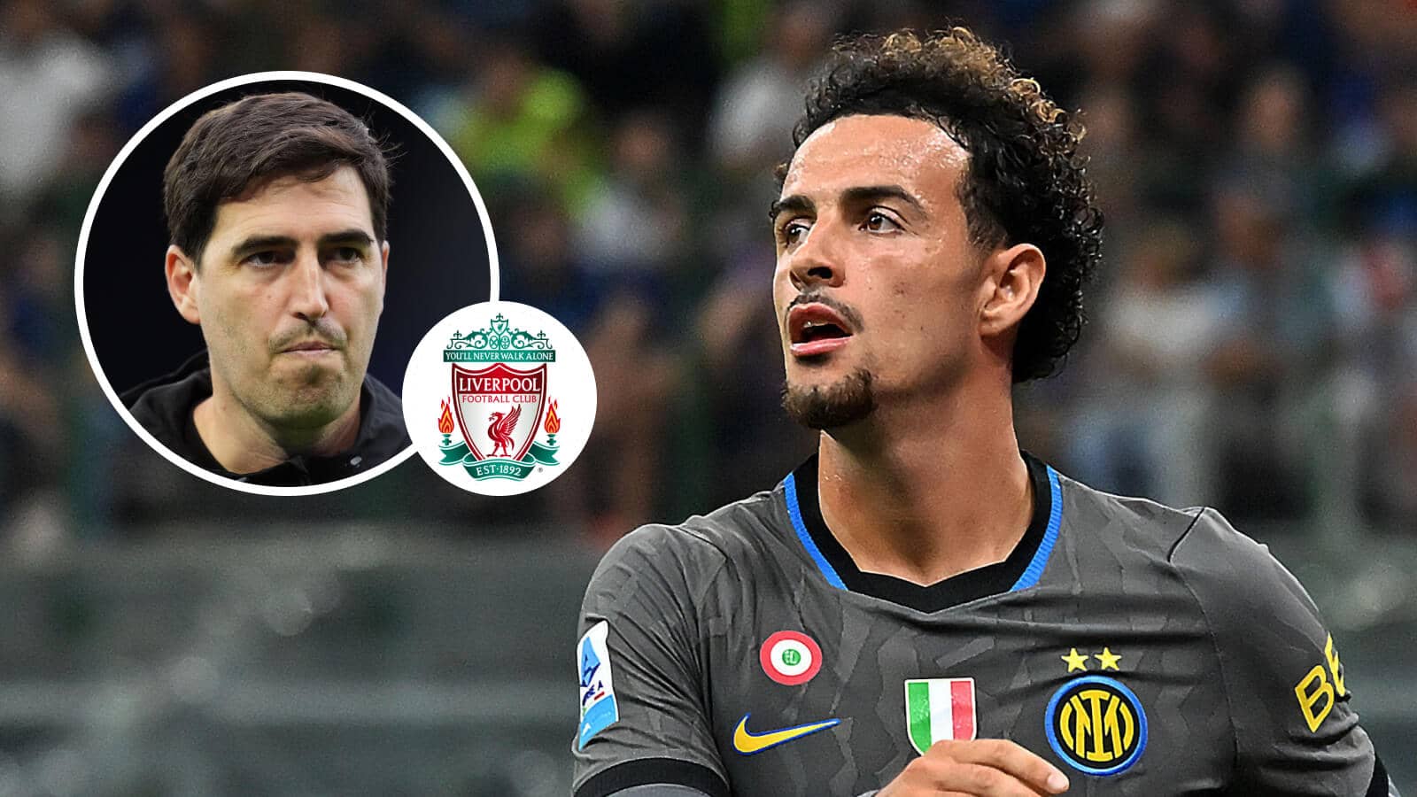 Inter Milan midfielder Curtis Jones and, inset, Liverpool manager Andoni Iraola