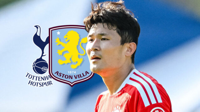 Bayern Munich star Kim Min-jae with Tottenham and Aston Villa badges