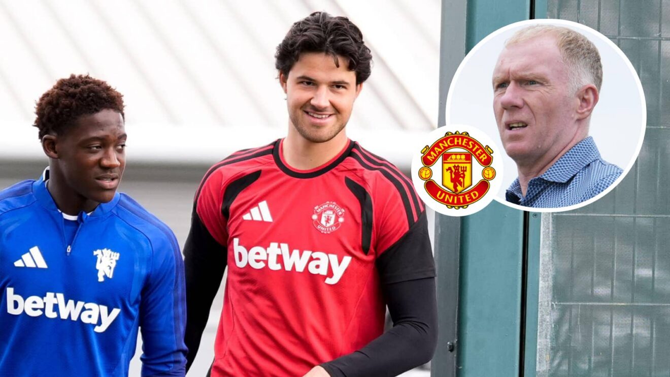 Kobbie Mainoo, Senne Lammens, Paul Scholes with Man Utd badge