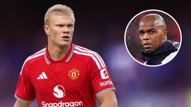 Manchester City striker Erling Haaland in a mocked-up Manchester United shirt and former Manchester United star Quinton Fortune - copyright TEAMtalk