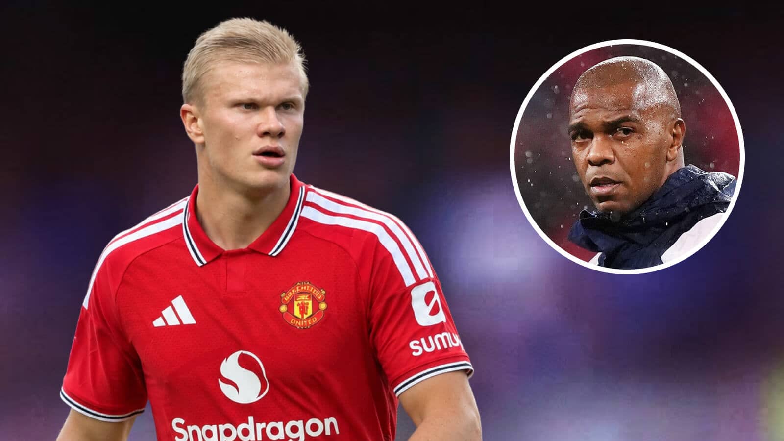 Manchester City striker Erling Haaland in a mocked-up Manchester United shirt and former Manchester United star Quinton Fortune - copyright TEAMtalk