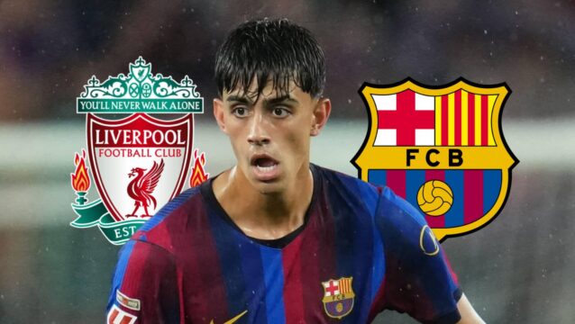 Liverpool badge, Marc Bernal and Barcelona badge - copyright TEAMtalk