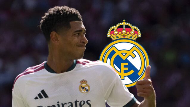 Jude Bellingham with Real Madrid badge