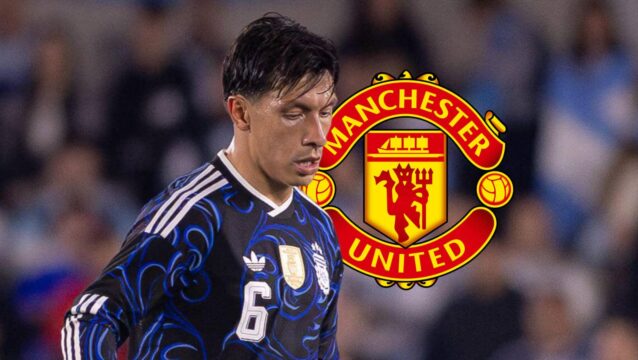 Manchester United and Argentina defender Lisandro Martinez next to the Manchester United badge - copyright TEAMtalk