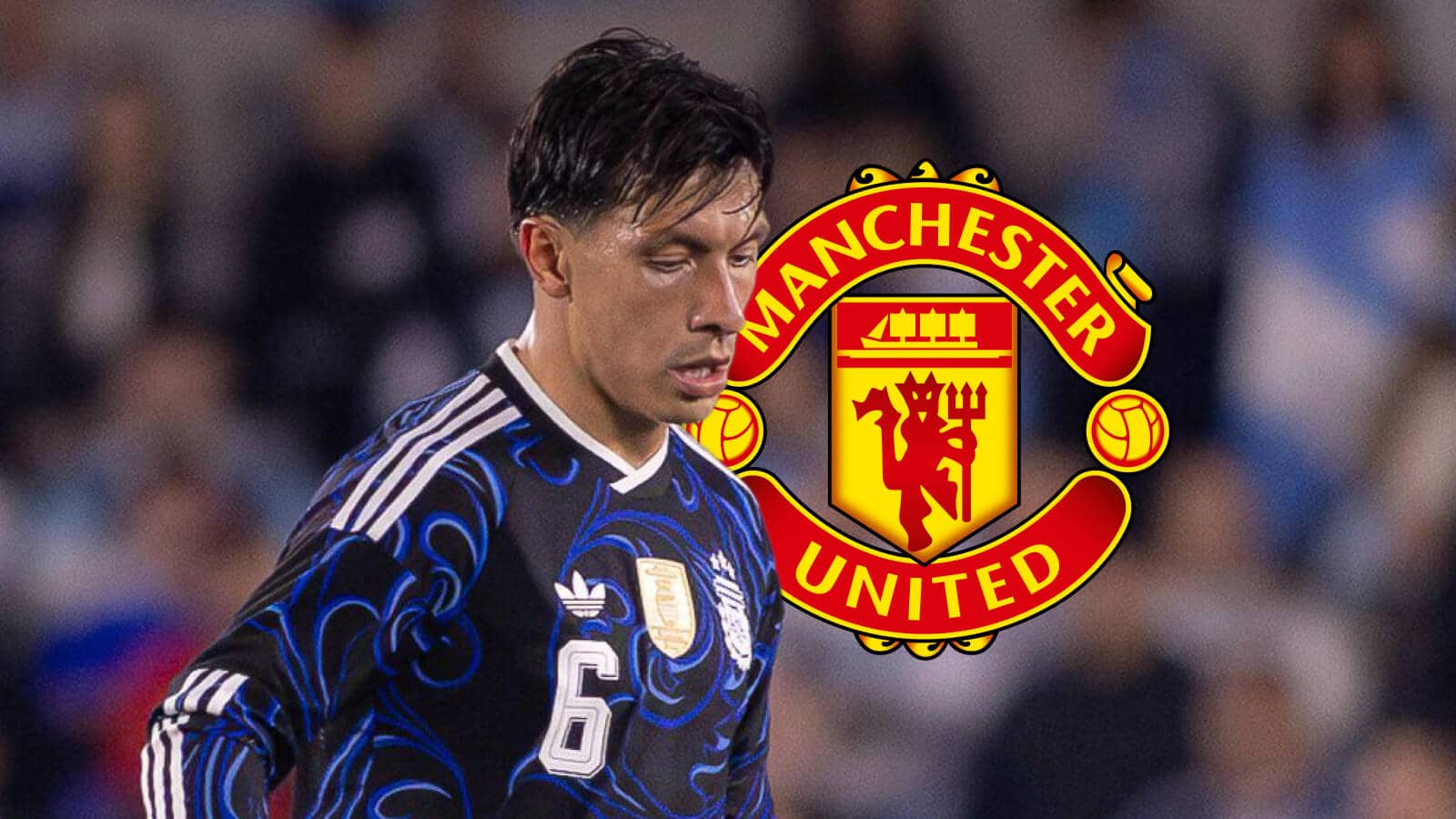 Manchester United and Argentina defender Lisandro Martinez next to the Manchester United badge - copyright TEAMtalk