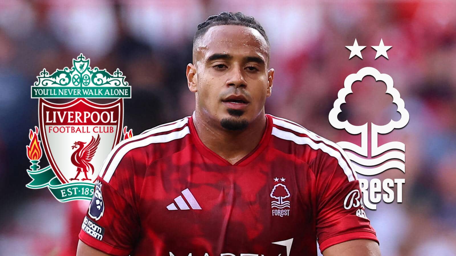 Liverpool badge, Murillo and Nottingham Forest badge - copyright TEAMtalk