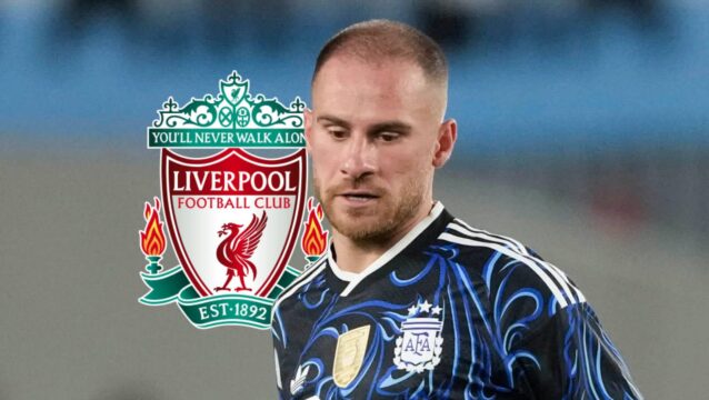 Liverpool badge next to Argentina and Liverpool midfielder Alexis Mac Allister - copyright TEAMtalk
