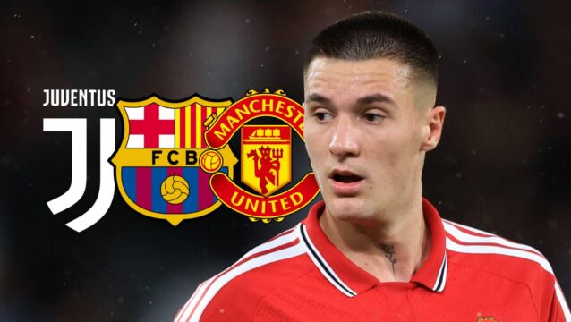 Juventus badge, Barcelona badge, Manchester United badge and Benjamin Sesko - copyright TEAMtalk