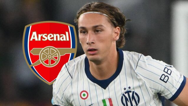 Inter Milan forward Pio Esposito with an Arsenal badge