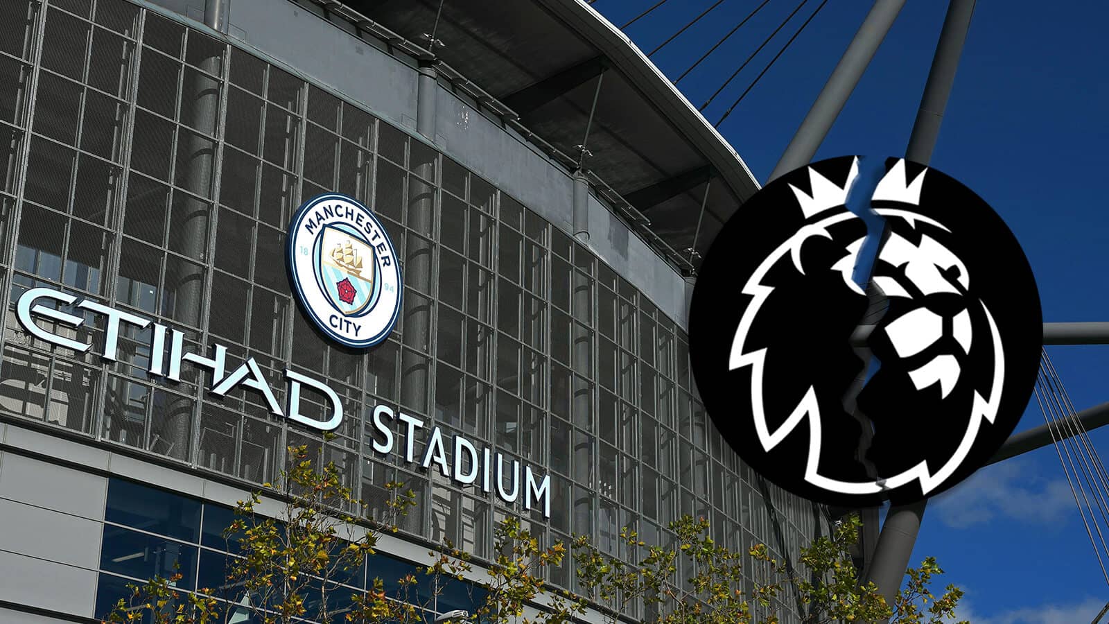 Manchester City's Etihad Stadium next to a cracked Premier League badge
