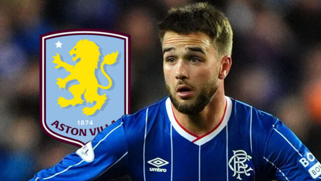 Rangers star Nicolas Raskin with an Aston Villa badge