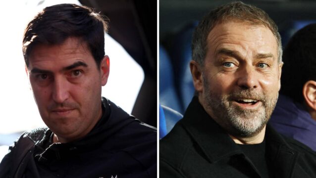 Split image of Liverpool manager Andoni Iraola and Barcelona manager Hansi Flick - copyright TEAMtalk