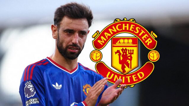 Manchester United star Bruno Fernandes next to the Manchester United badge - copyright TEAMtalk