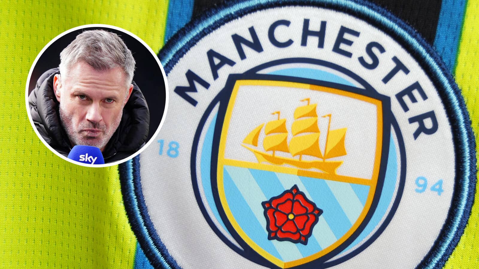 Jamie Carragher, inset, next to the Manchester City badge