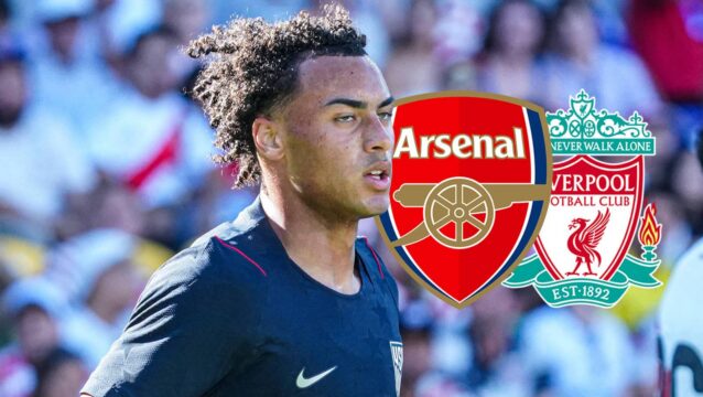 New USA international Peyton Miller next to the badges of Arsenal and Liverpool