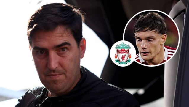 Liverpool manager Andoni Iraola and, inset, Giovanni Leoni next to the club badge