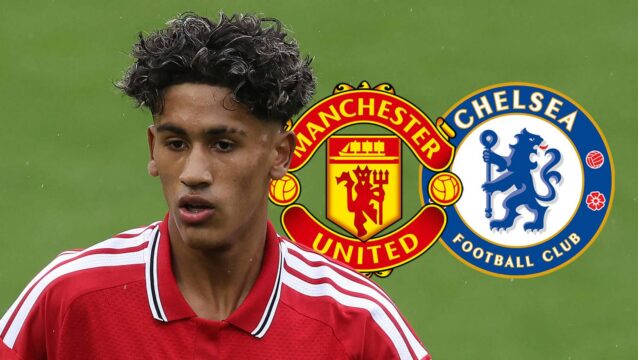 JJ Gabriel next to the badges of Manchester United and Chelsea