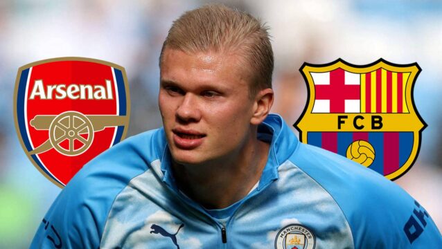 Man City striker Erling Haaland, Arsenal and Barcelona badges
