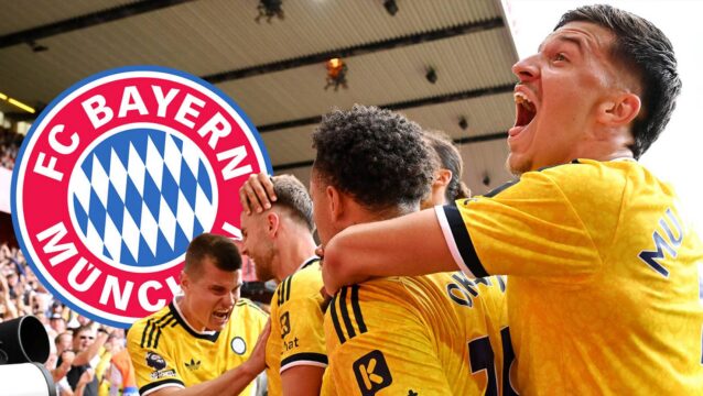 Leeds United players Jaka Bijol, Anton Stach, Noah Okafor and Tarik Muharemovic next to the Bayern Munich badge