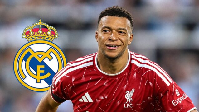 Real Madrid badge and Kylian Mbappe in mocked-up Liverpool shirt - copyright TEAMtalk
