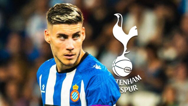 Espanyol striker Roberto Fernandez next to the Tottenham Hotspur badge