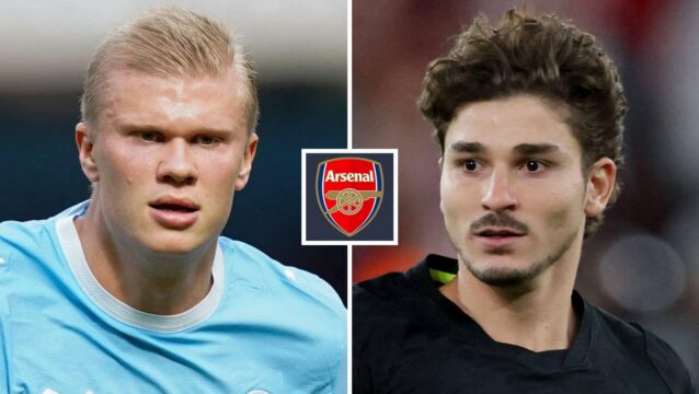 Split image of Manchester City striker Erling Haaland and Atletico Madrid striker Julian Alvarez, with the Arsenal badge in between - copyright TEAMtalk
