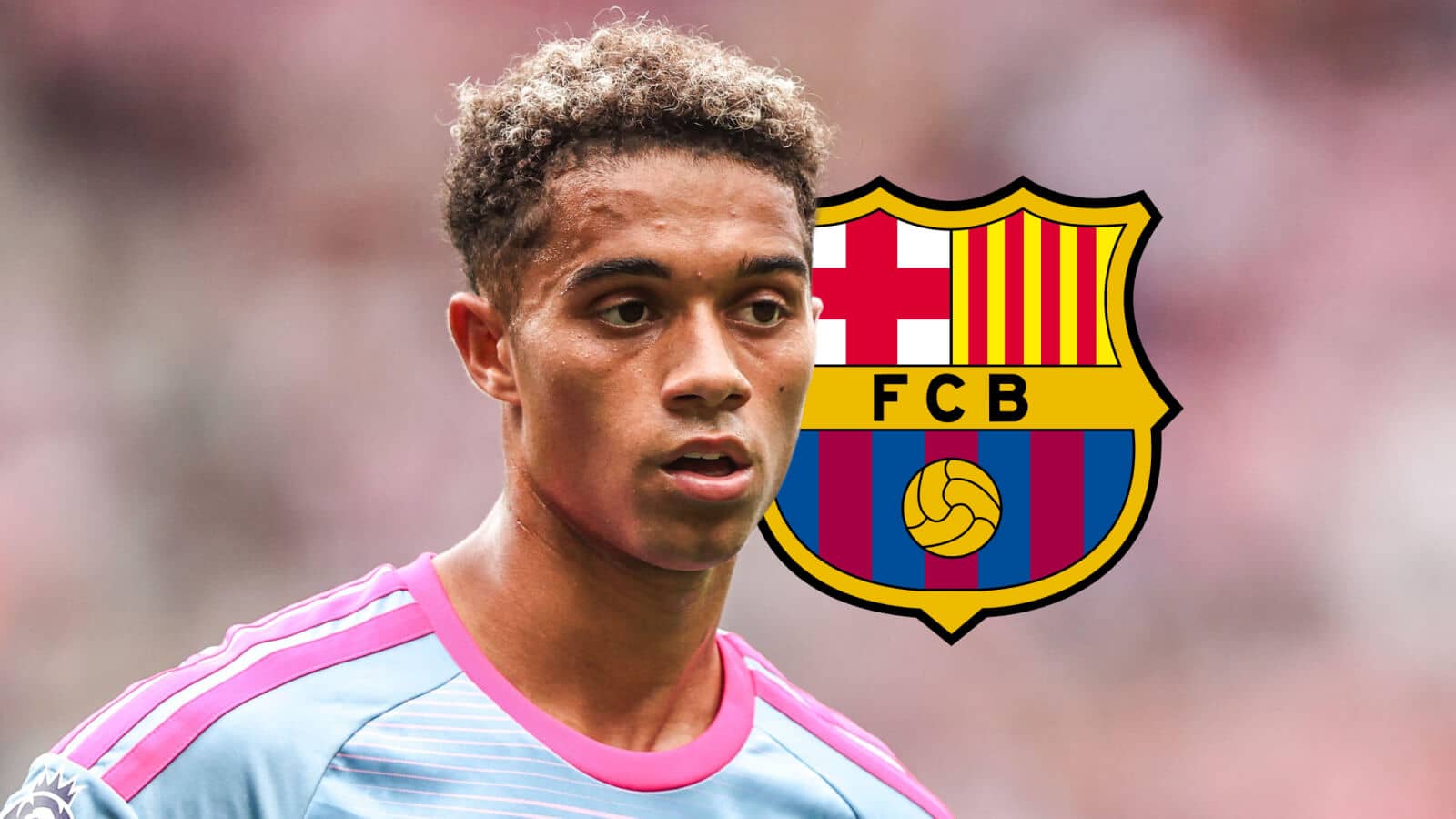 Fulham star Josh King next to the Barcelona badge