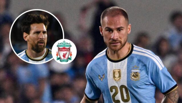 Argentine legend Lionel Messi, Liverpool badge and Liverpool midfielder Alexis Mac Allister - copyright TEAMtalk