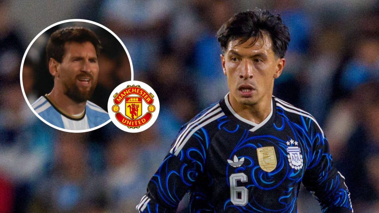 Argentine legend Lionel Messi, Manchester United badge and Manchester United defender Lisandro Martinez - copyright TEAMtalk