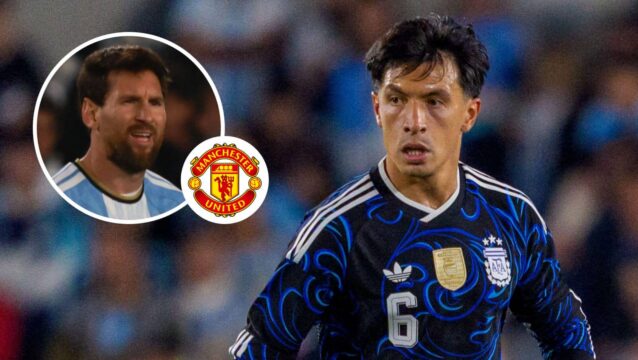 Argentine legend Lionel Messi, Manchester United badge and Manchester United defender Lisandro Martinez - copyright TEAMtalk