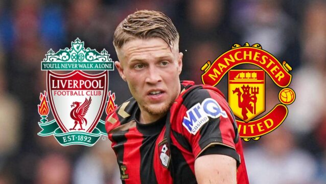 Bournemouth star Adrien Truffert next to the Liverpool and Manchester United badges